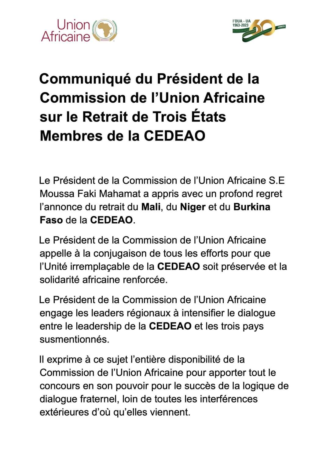 Communiqué de l'union Africaine sur la CEDEAO