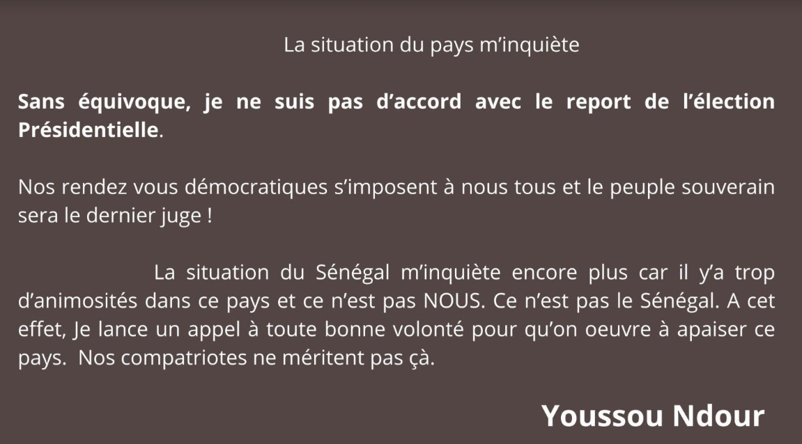 Réaction de Youssou Ndour au report de la présidentielle 2024