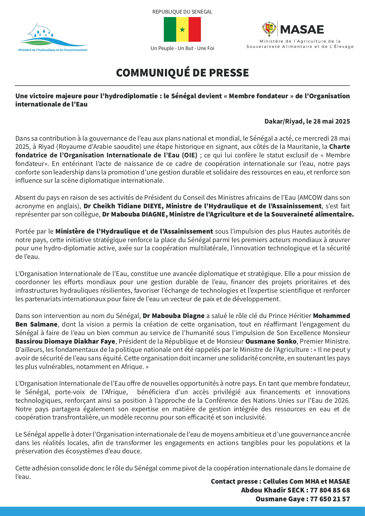 OIE : le Sénégal est membre fondateur de l'Organisation internationale de l'eau dont le congrès a eu lieu à Riyad en Arabie Saoudite, ce mercredi 28 mai. 