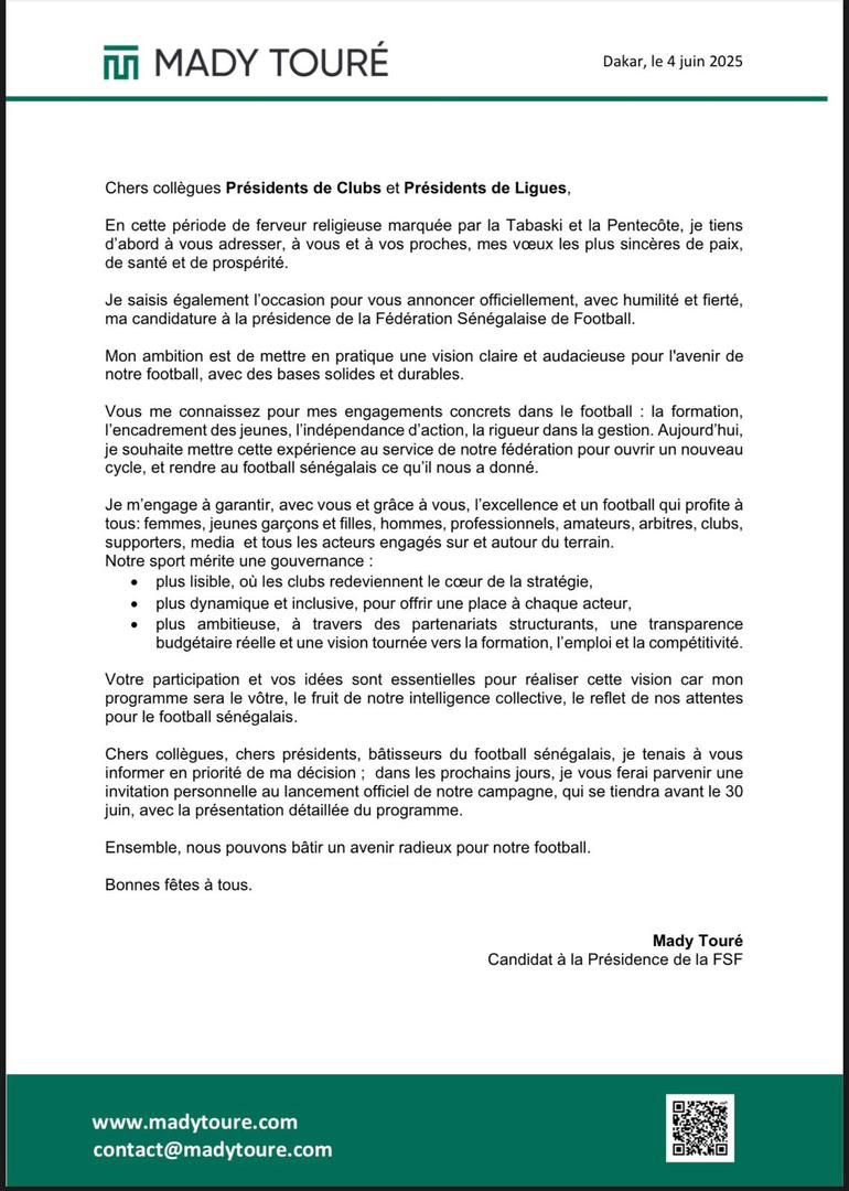 Fédération de football : Mady Touré officiellement candidat 