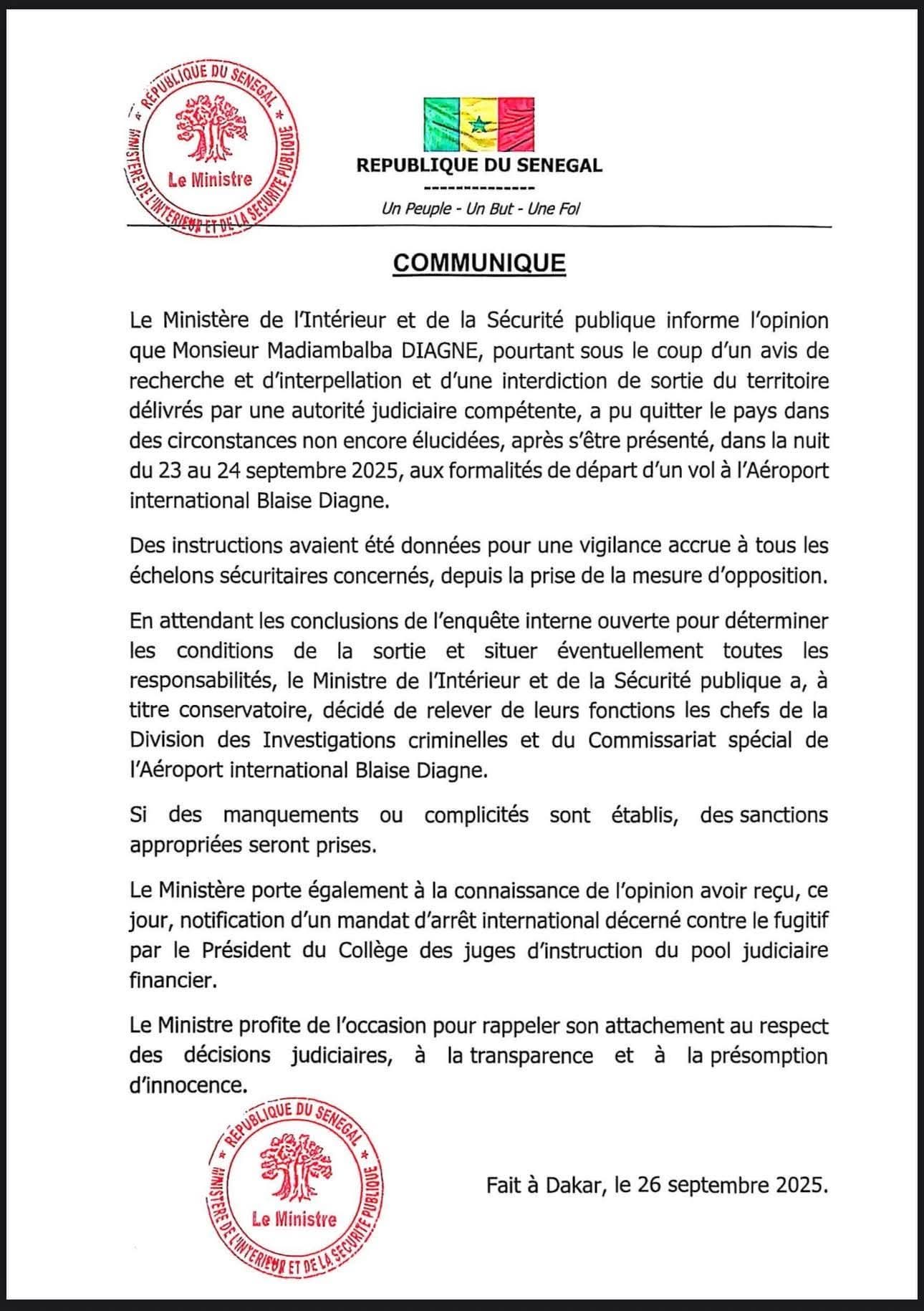 Le communiqué du ministère de l'Intérieur sur Madiambal Diagne
