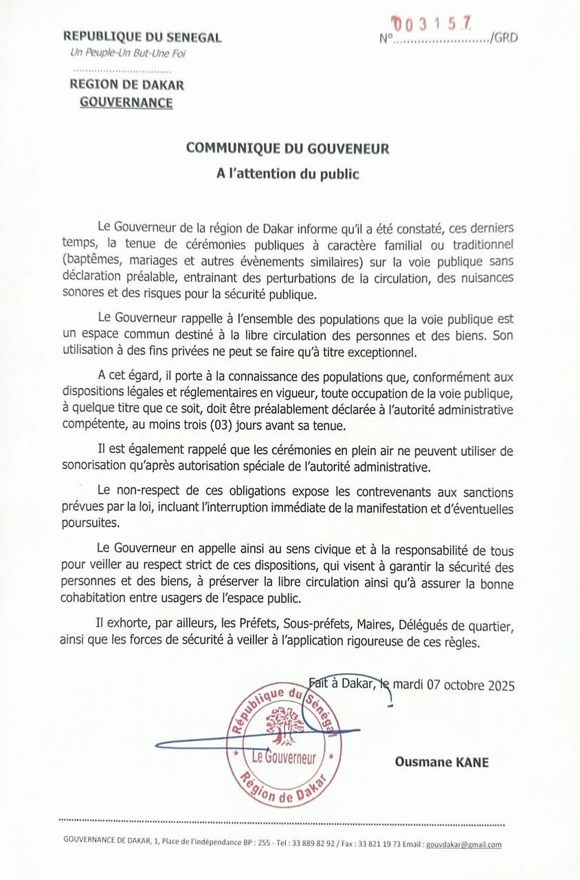 communiqué du Gouverneur de Dakar