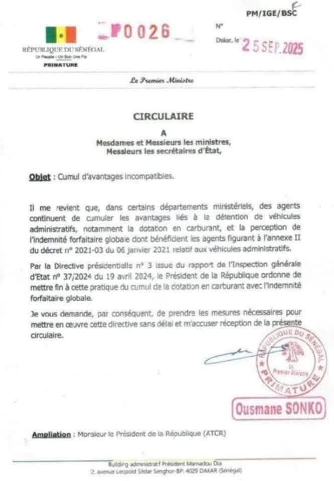 La note du PM Ousmane Sonko sur le cumul d'avantages indus