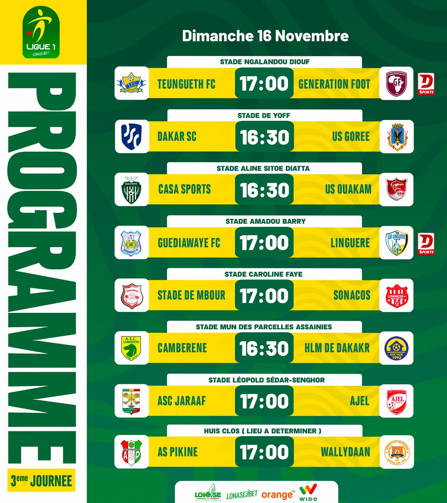 Ligue 1 sénégalaise : la 3e journée est disputée ce dimanche 16 octobre, avec plusieurs chocs