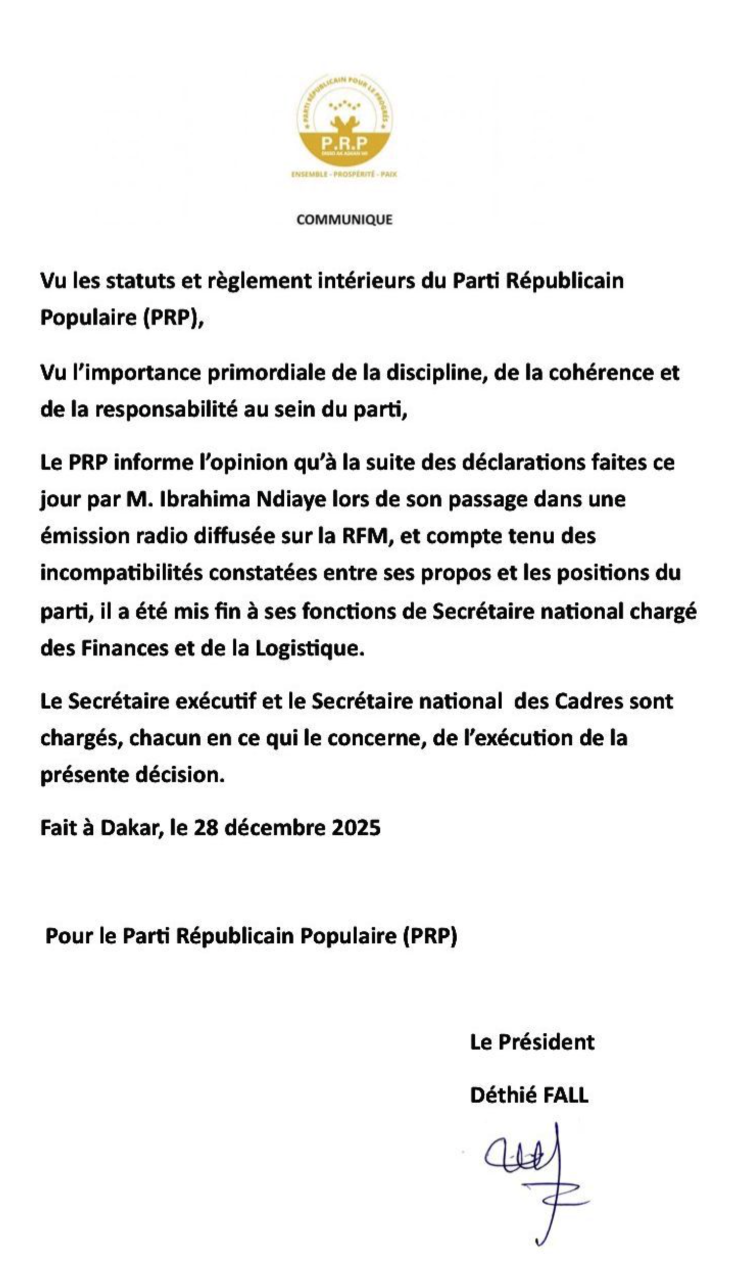 Communiqué du PRP de Déthié Fall