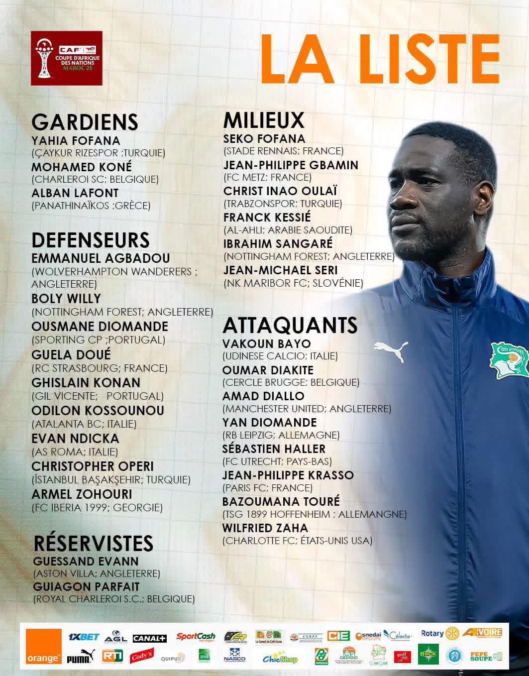 Emerse Faé a publié ce mardi la liste des Eléphants pour la CAN 2026, prévue au Maroc à partir du 21 décembre. Il s'agit de Nicolas Pépé et Simon Adingra, champions d'Afrique en titre.