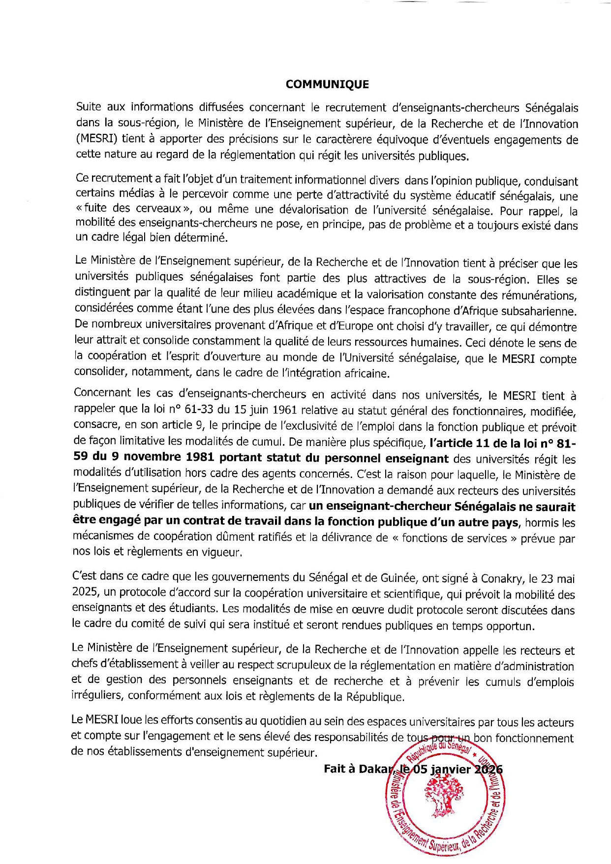 Enseignement Supérieur : les services du ministre Daouda Ngom ont réagi officiellement à "l'affaire de recrutement d'enseignants sénégalais en Guinée"