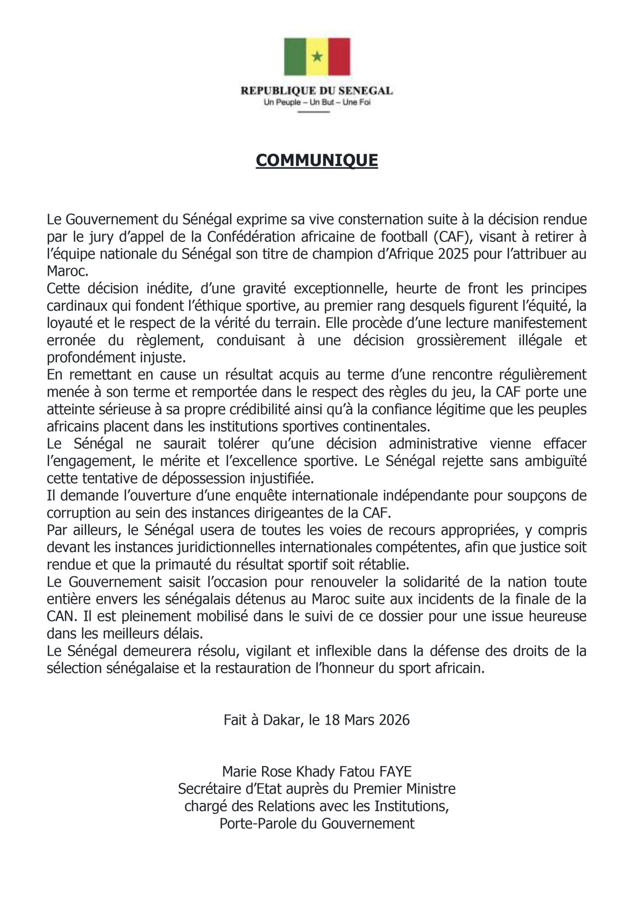 Décision de la CAF : le Gouvernement du Sénégal exprime son indignation