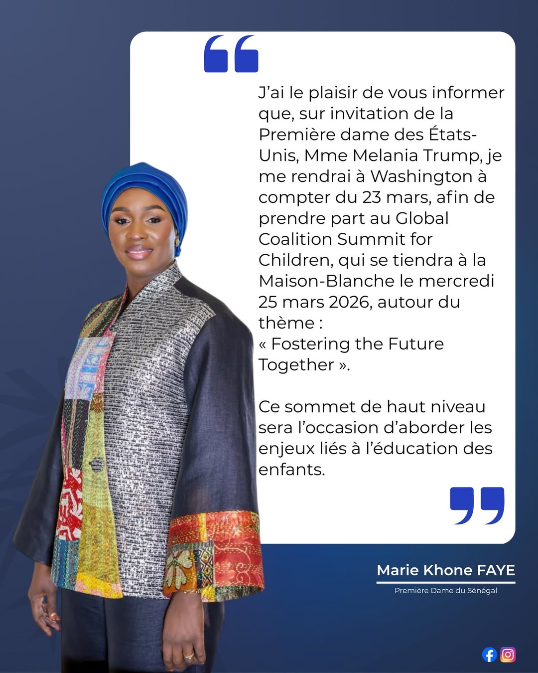 Marie Khone Faye, la Première dame, séjournera aux Etats-Unis à partir du mercredi 25 mars. Elle est invitée par Mme Mélania Trump, épouse du locataire de la Maison Blanche.