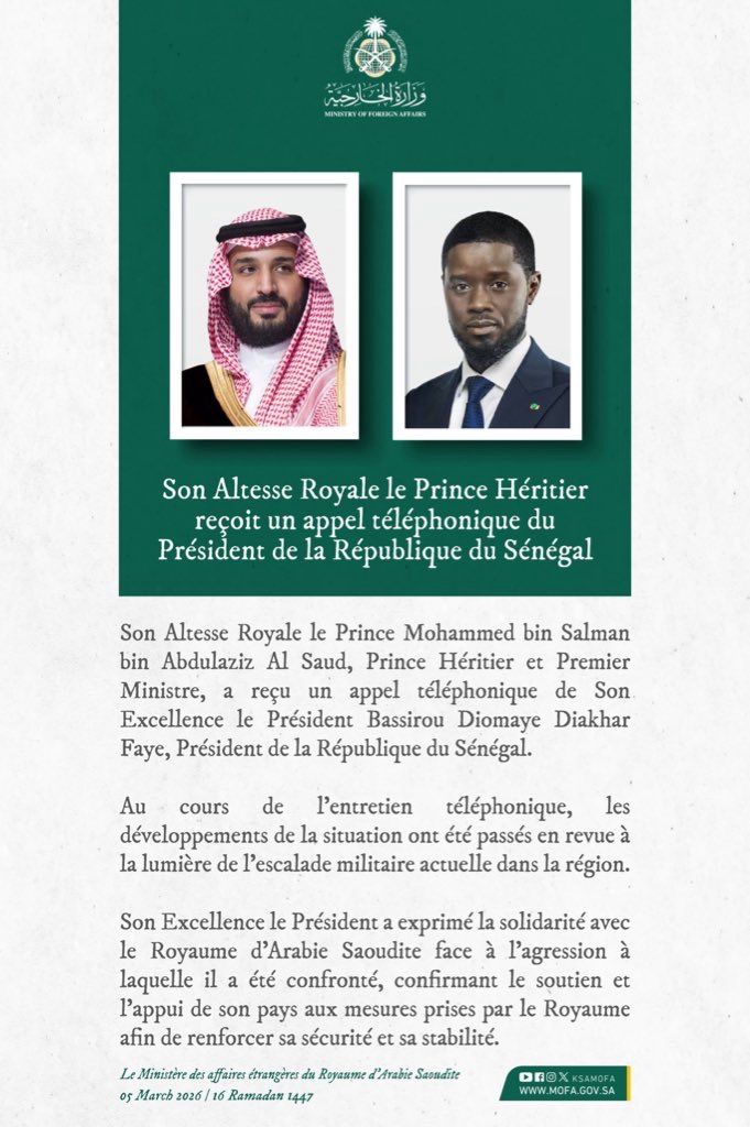 Tensions au Moyen Orient : Président Diomaye parle à MBS