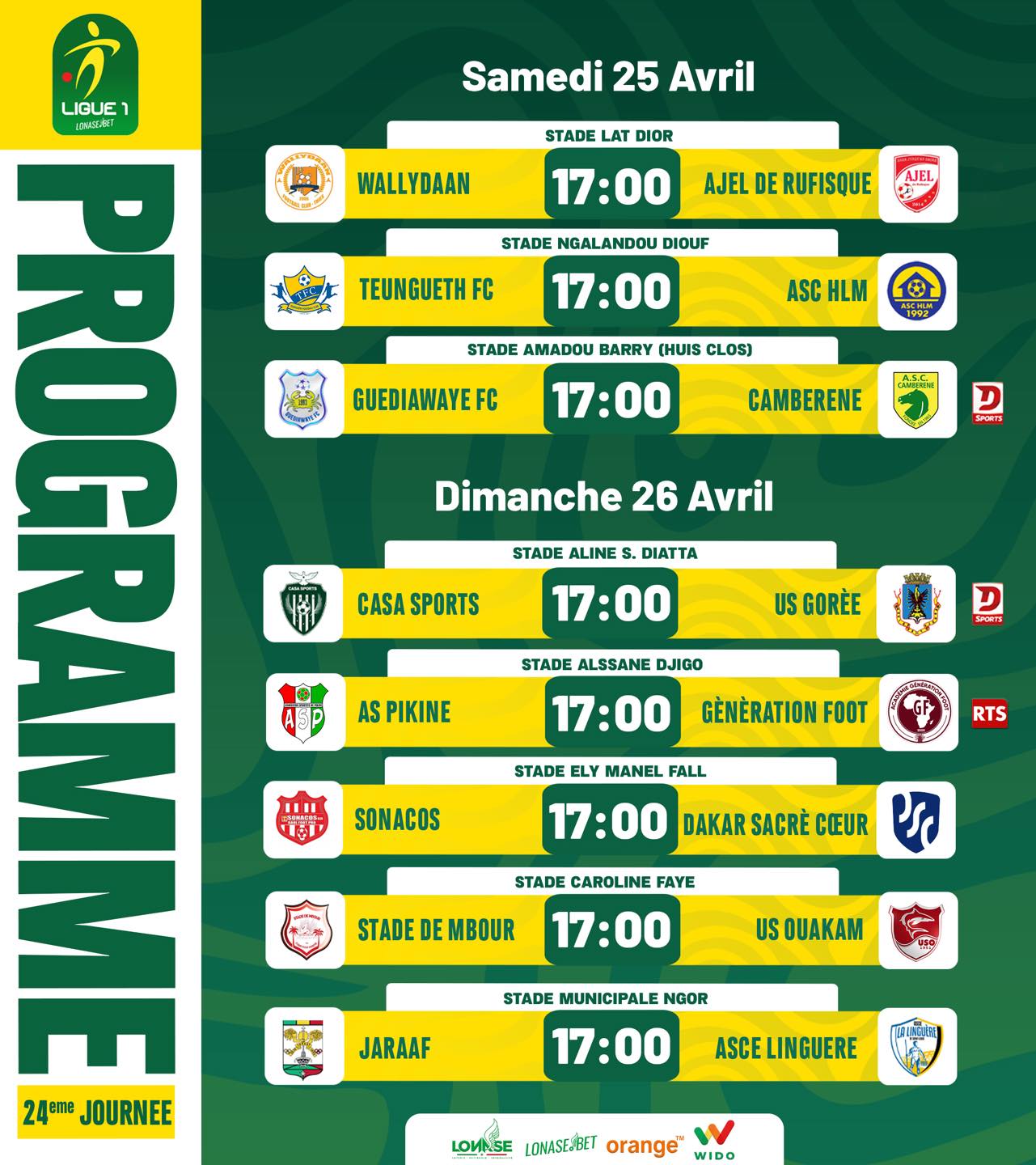 La Ligue 1 sénégalaise dispute sa 24e journée, avec le déplacement du leader AJEL de Rufisque chez le 4e, Wallydaan de Thiès.