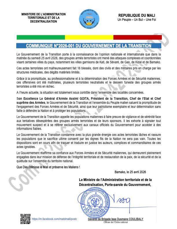 Attaques terroristes : le Gouvernement malien rassure