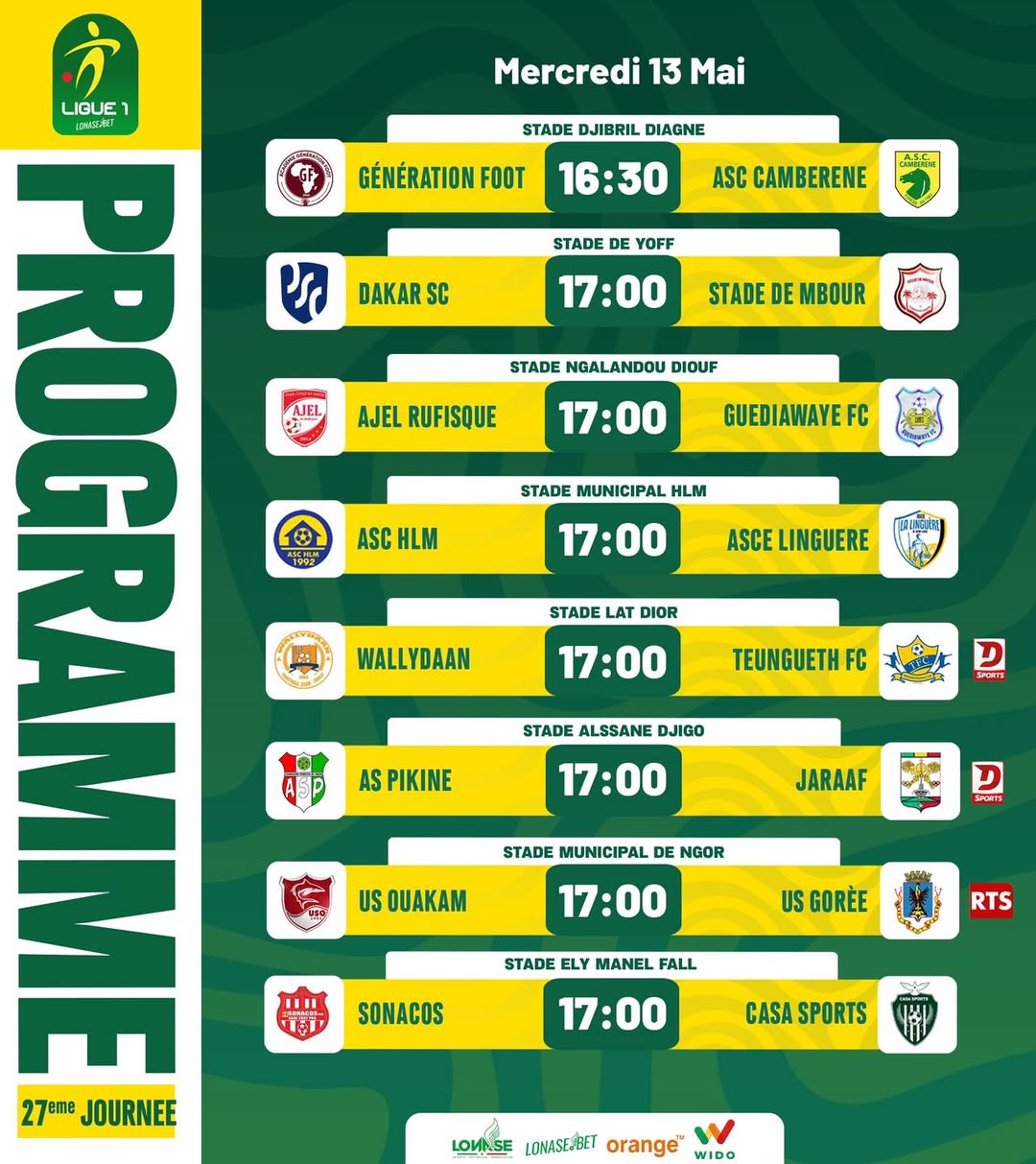 AJEL de Rufisque reçoit Guédiawaye FC, mal classé, à l'occasion de la 27e et avant-dernière journée de la Ligue 1, disputée ce mercredi 13 mai.