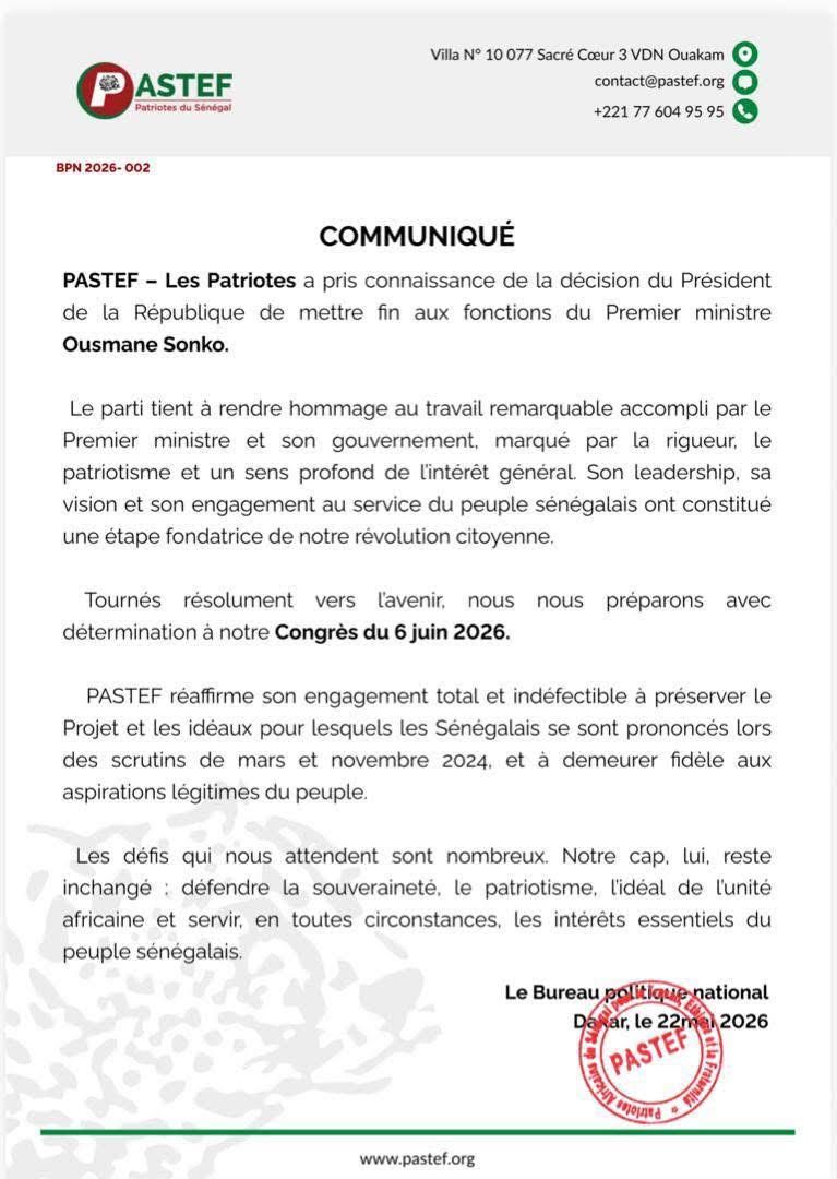 Pastef sur le limogeage d'Ousmane Sonko
