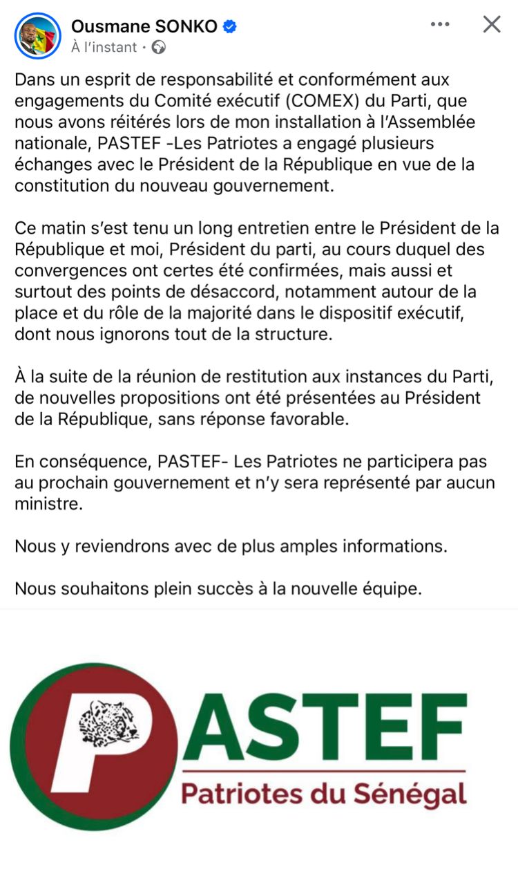 Gouvernement : le Pastef, parti dirigé par Ousmane Sonko, ne sera pas représenté. L'information a été donnée par l'ex-PM sur sa page Facebook avant d'être reprise par la formation sous forme de communiqué.