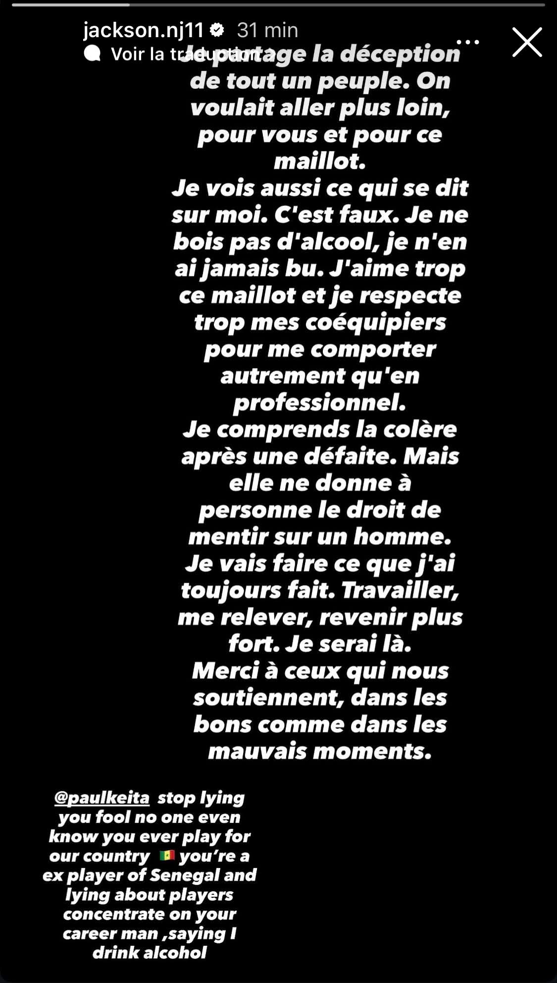 Le message de Nicolas Jackson