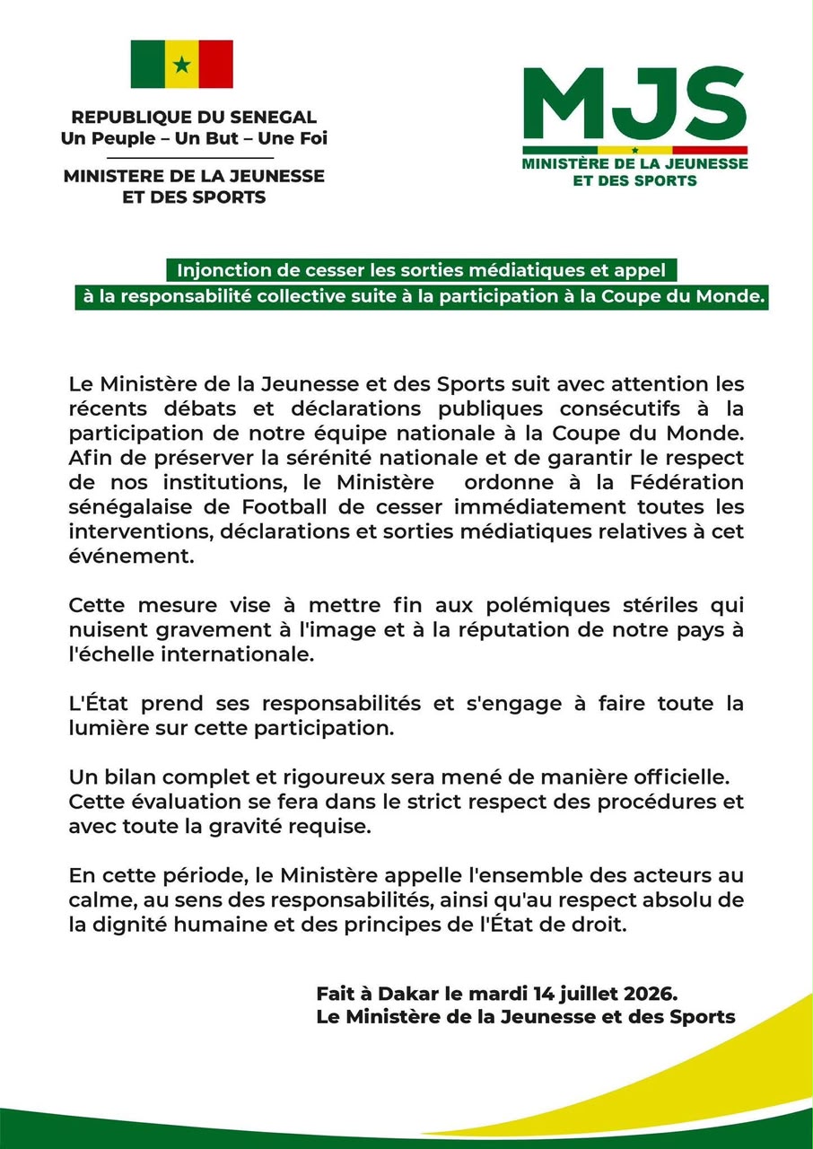 Le ministère des Sports a sorti un communiqué pour mettre fin aux déballages de membre de la fédération sur le Mondial
