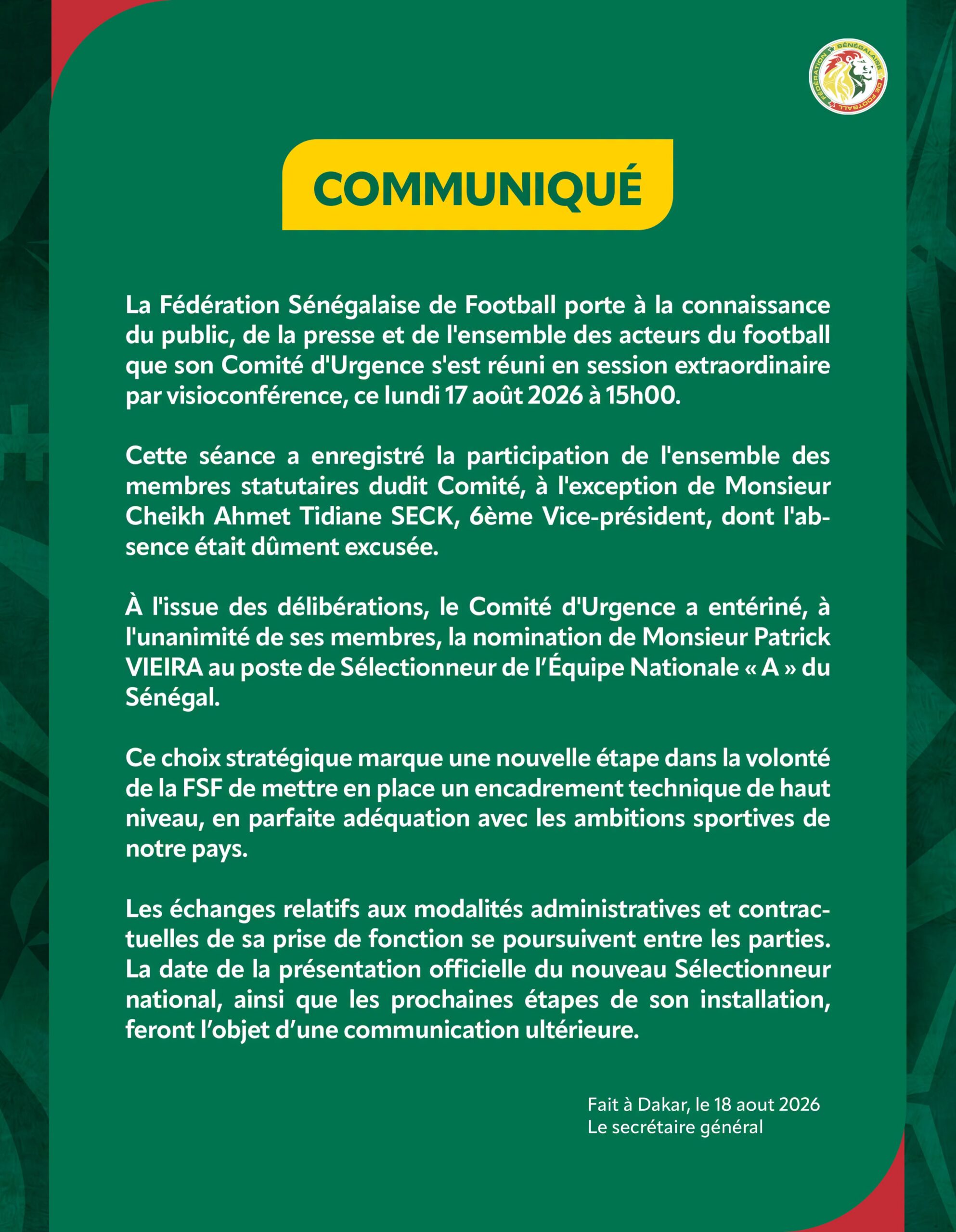 Lions du Sénégal : Patrick Vieira officialisé !