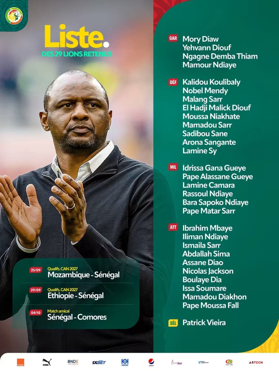 Début avec les Lions : Patrick Vieira appelle Gana, Koulibaly, Iso, Malang Sarr