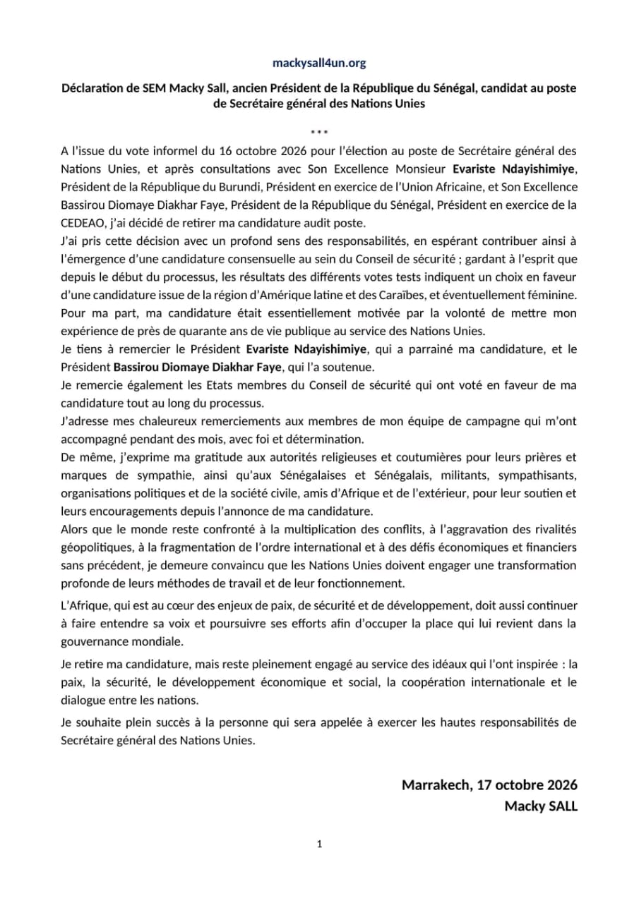 Macky Sall a annoncé ce samedi le retrait de sa candidature au poste de Secrétaire général de l'ONU